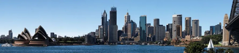 A view of the Opera House and city centre from the harbour in Sydney, Australia